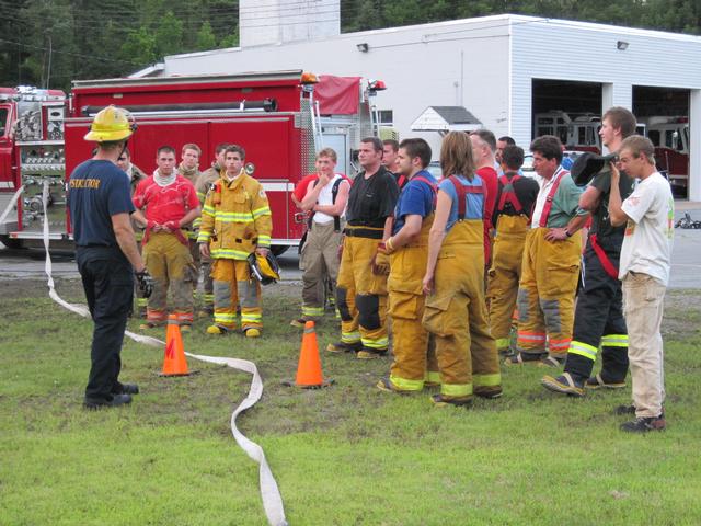 North country firefighters from SLVFD and departments ranging from Cumberland Head, Ausable Valley, Keeseville, Peru, Waddams, Lewis, Port Henry, Rouses Point, and Ticonderoga, etc.  being briefed in Keeseville NY 8/11/2010 by New York State Fire Instuctor Mark LaFountain (Three counties represented Essex, Clinton, and Franklin)